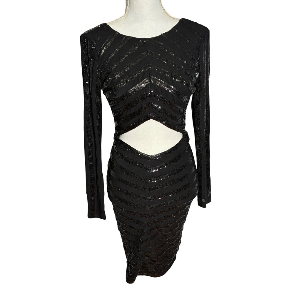 House of CB Sequin Mini Dress Womens XS Black Cutout Open Back Long Sleeve - Picture 3 of 15